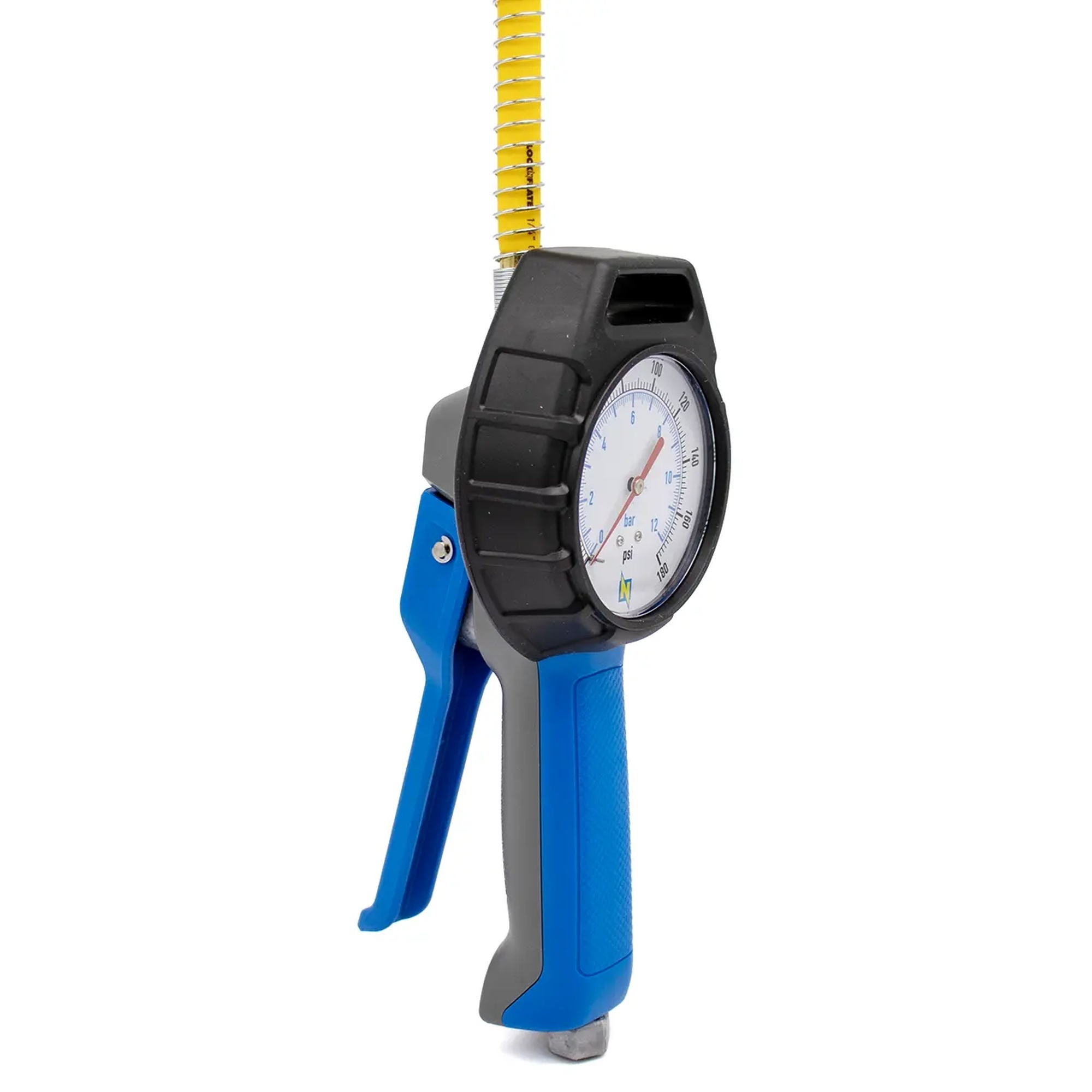 LockNFlate Pro Analog Tire Inflator Gauge with Air Chuck, 3in. Analog Gauge, 32in.L Hose, 7–174 PSI, 3-in-1 Function, Model# LNL65306